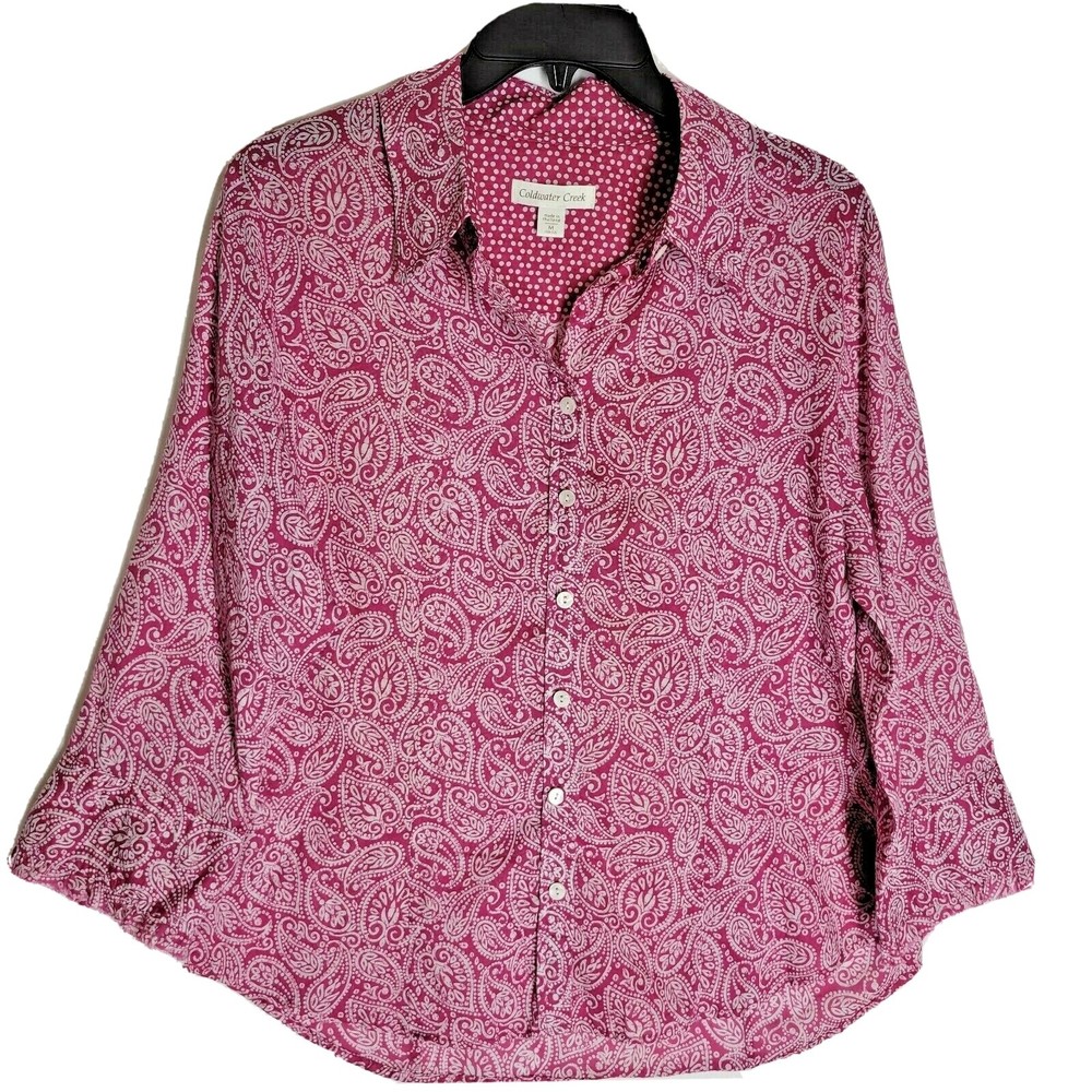 Coldwater Creek Women's Button Down Blouse M (10-12) Pink Paisley Raw Hem Sleeve